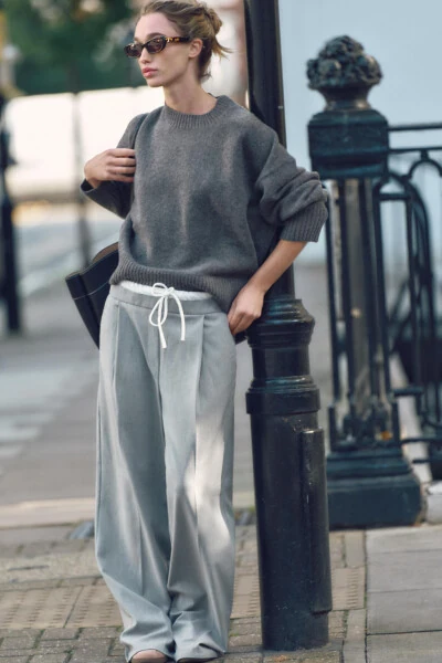 DOUBLE WAISTBAND WIDE LEG PANTS - Gray - MODAZONE (1)