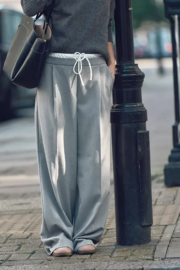 DOUBLE WAISTBAND WIDE LEG PANTS - Gray - 3