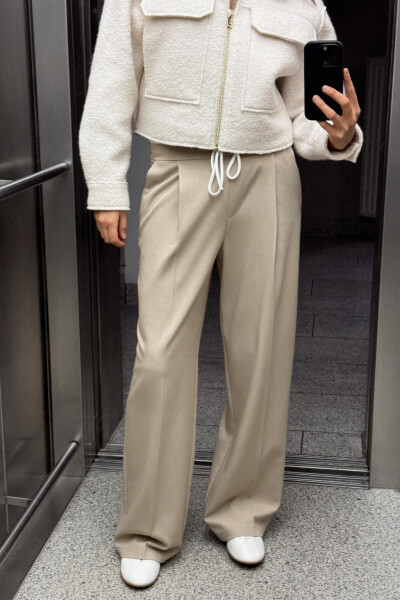 DOUBLE WAISTBAND WIDE LEG PANTS - Sand - 1