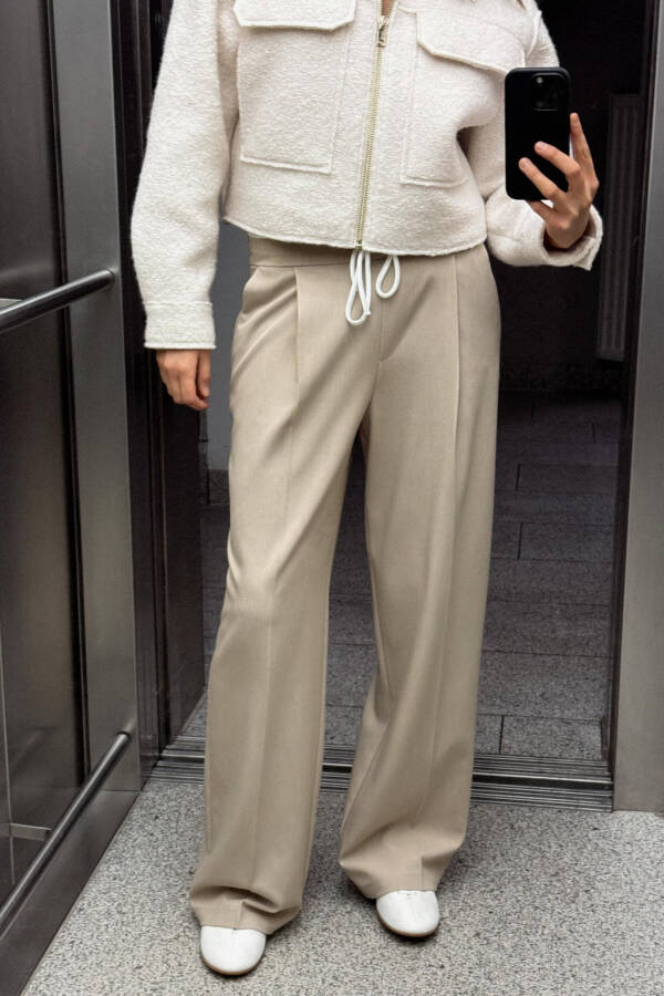 DOUBLE WAISTBAND WIDE LEG PANTS - Sand - 1