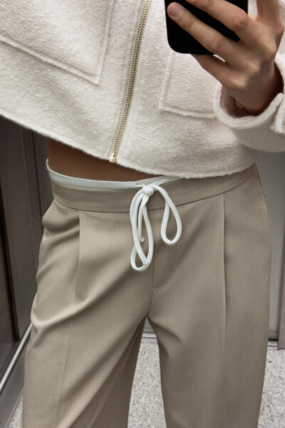 DOUBLE WAISTBAND WIDE LEG PANTS - Sand - 2