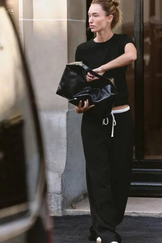 DOUBLE WAISTBAND WIDE LEG TROUSERS-Black - 1