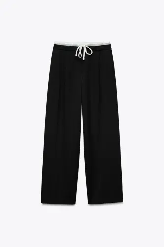 DOUBLE WAISTBAND WIDE LEG TROUSERS-Black - 1
