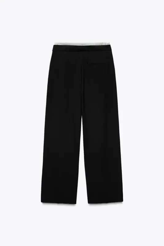 DOUBLE WAISTBAND WIDE LEG TROUSERS-Black - 2