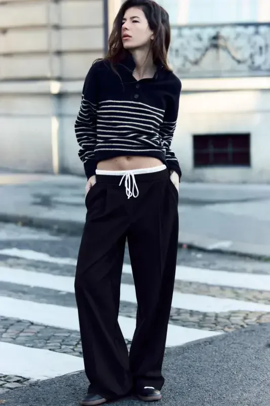 DOUBLE WAISTBAND WIDE LEG TROUSERS-Black - 3