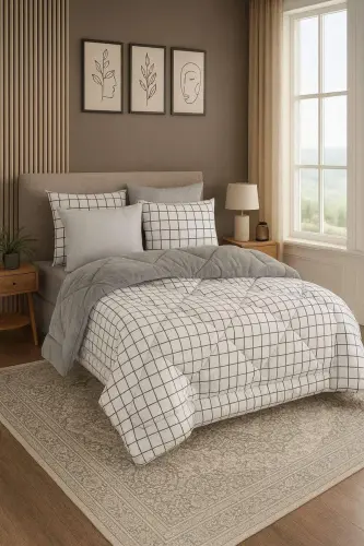 Double Welsoft Puffy Bedding Set (WITH ELASTIC SHEET) White Square - 1