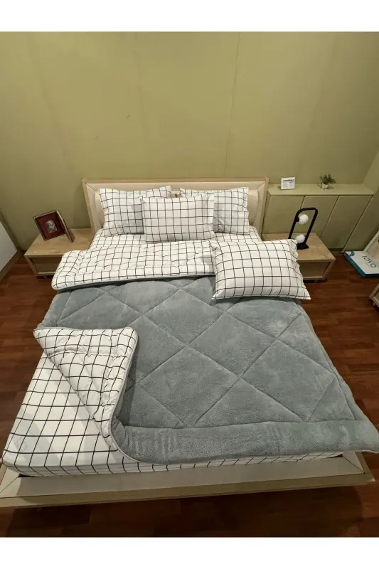 Double Welsoft Puffy Bedding Set (WITH ELASTIC SHEET) White Square - 7