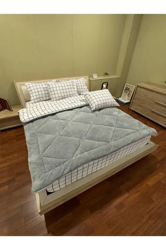 Double Welsoft Puffy Bedding Set (WITH ELASTIC SHEET) White Square - 8