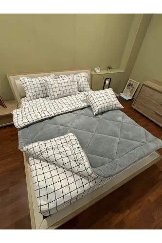 Double Welsoft Puffy Bedding Set (WITH ELASTIC SHEET) White Square - 4