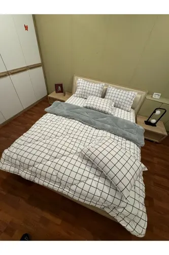 Double Welsoft Puffy Bedding Set (WITH ELASTIC SHEET) White Square - 5