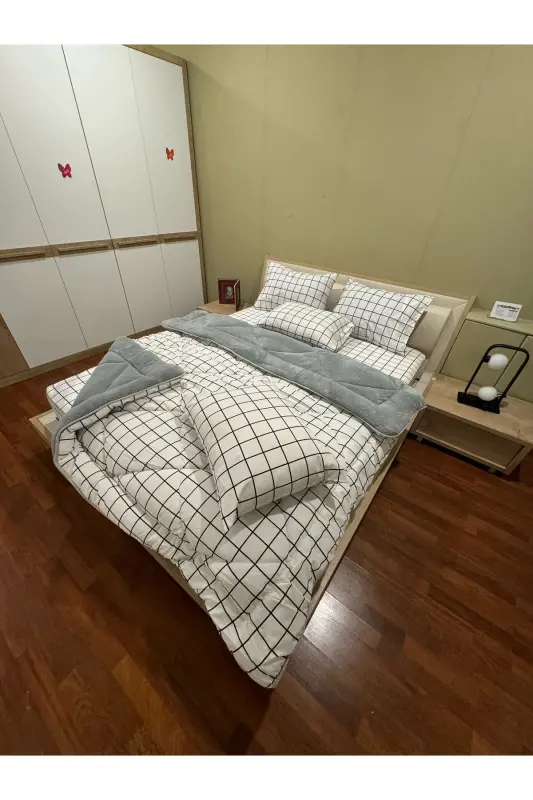 Double Welsoft Puffy Bedding Set (WITH ELASTIC SHEET) White Square - 6