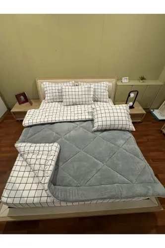 Double Welsoft Puffy Bedding Set (WITH ELASTIC SHEET) White Square - 7