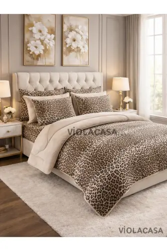 Double Welsoft Puffy Bedding Set (WITH ELASTICATED SHEET) Beige Leopard - TEKSTILDIYARI (1)