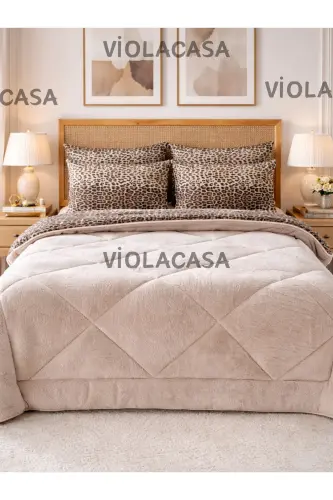 Double Welsoft Puffy Bedding Set (WITH ELASTICATED SHEET) Beige Leopard - 1
