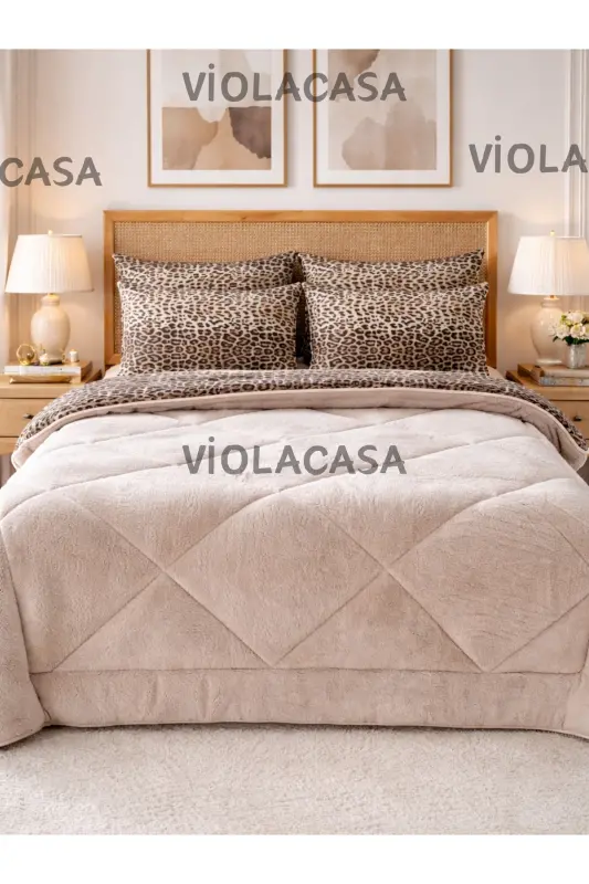 Double Welsoft Puffy Bedding Set (WITH ELASTICATED SHEET) Beige Leopard - 1