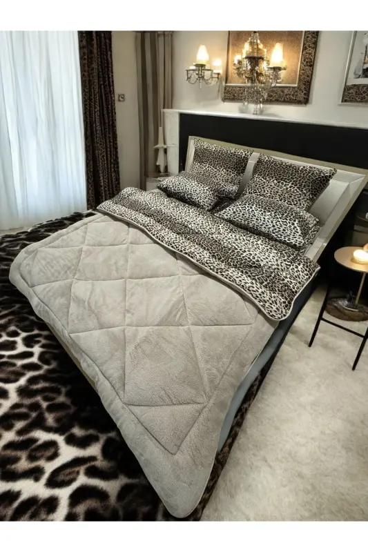 Double Welsoft Puffy Bedding Set (WITH ELASTICATED SHEET) Beige Leopard - 3