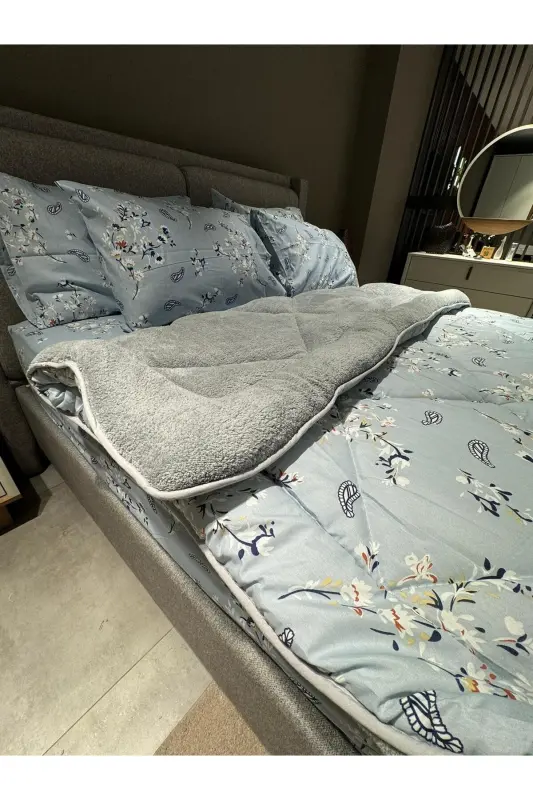 Double Welsoft Puffy Sleep Set (WITH ELASTIC SHEET) Blue Ethnic - 4