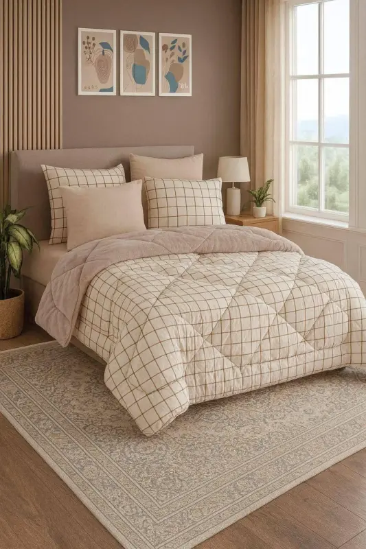 Double Welsoft Puffy Sleeping Set (WITH ELASTIC SHEET) Cream Square - VIOLACASA