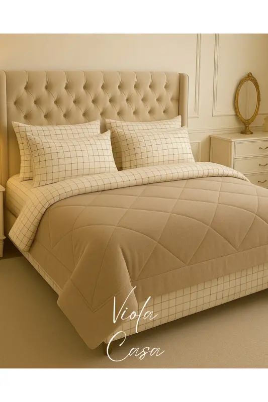 Double Welsoft Puffy Sleeping Set (WITH ELASTIC SHEET) Cream Square - 2