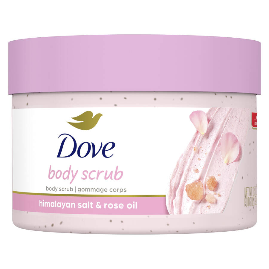 Dove Moisturizing Women's Body Scrub ko'rinadigan ipakdek yumshoq, parvarish qilingan teri uchun, Himolay tuzi va Atirgul moyi, 10,5 untsiya - 1