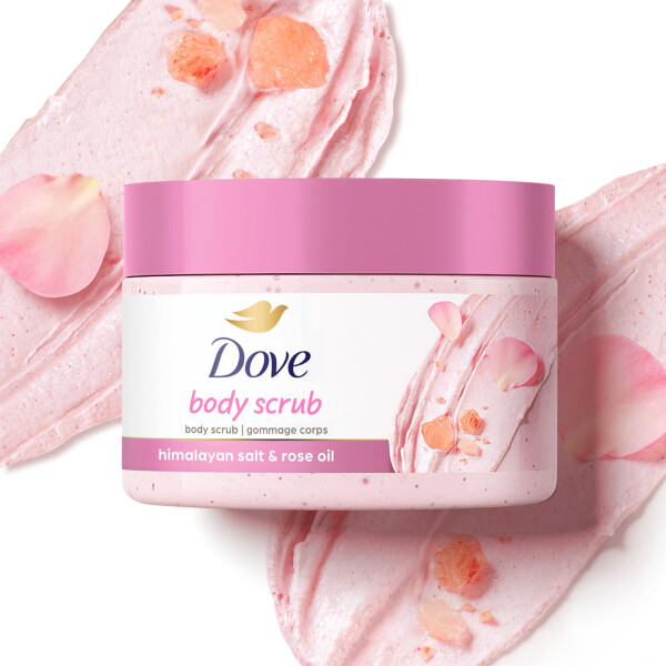 Dove Moisturizing Women's Body Scrub ko'rinadigan ipakdek yumshoq, parvarish qilingan teri uchun, Himolay tuzi va Atirgul moyi, 10,5 untsiya - 3