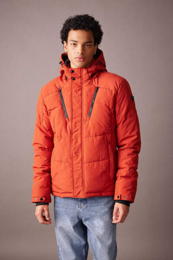 Down Jacket Insulated Removable Hooded Fleece Lining Waterproof Orange - 1