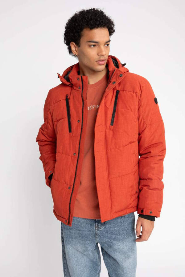 Down Jacket Insulated Removable Hooded Fleece Lining Waterproof Orange - 6