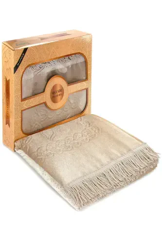Dowry Boxed Lined Spongy Gift Thick Velvet Prayer Rug Cream-Cream - İHVAN (1)