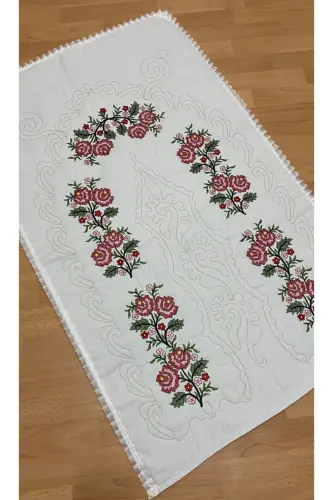 Dowry Canvas Etamine Embroidered Embroidered %100 Cotton Linen Prayer Rug Cream*red-RED*CREAM 