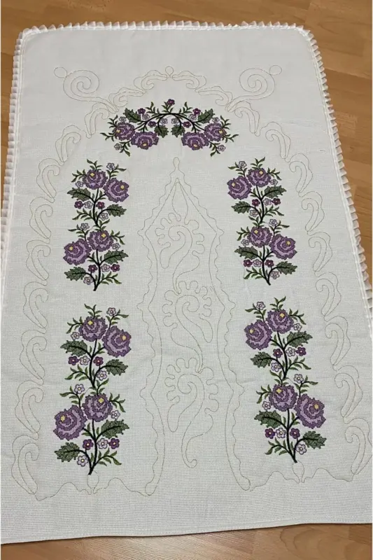 Dowry Canvas Etamine Embroidery Embroidered 100% Cotton Linen Prayer Rug Cream*Lilac-LILAC*CREAM - 2