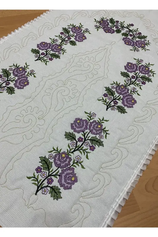Dowry Canvas Etamine Embroidery Embroidered 100% Cotton Linen Prayer Rug Cream*Lilac-LILAC*CREAM - 3