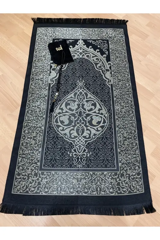 Dowry, Gift, 4-Piece Bridal Bundle Set, Needle Lace Prayer Cover, Taffeta Prayer Rug, Yasin, Prayer Beads - BLACK - 2