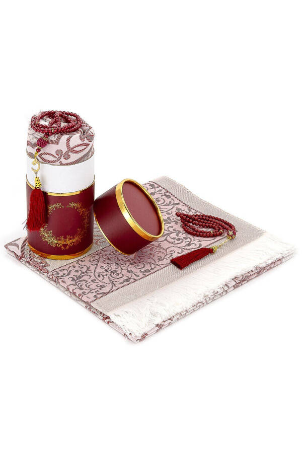 Dowry Gift Boxed Burgundy Prayer Rug Set Luxurious Taffeta Prayer Rug Pearl Tasbih - 1