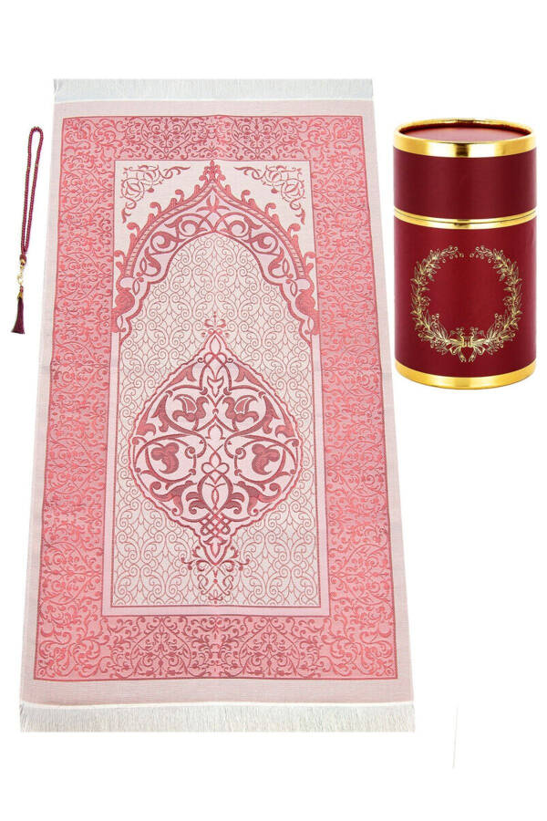 Dowry Gift Boxed Burgundy Prayer Rug Set Luxurious Taffeta Prayer Rug Pearl Tasbih - 4