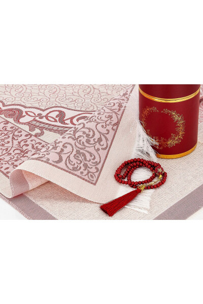 Dowry Gift Boxed Burgundy Prayer Rug Set Luxurious Taffeta Prayer Rug Pearl Tasbih - 5