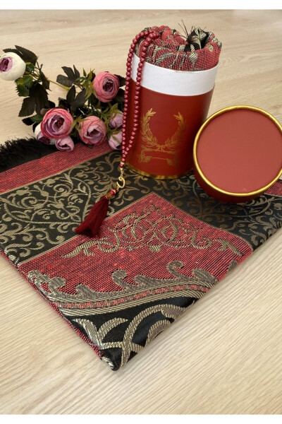 Dowry Gift Boxed Burgundy Prayer Rug Set Luxury Taffeta Prayer Rug - 1