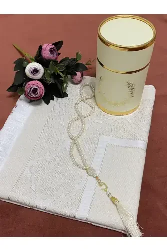 Dowry Gift Boxed Cream Prayer Rug Set Luxury Taffeta Prayer Rug, Pearl Rosary-CREAM - 1