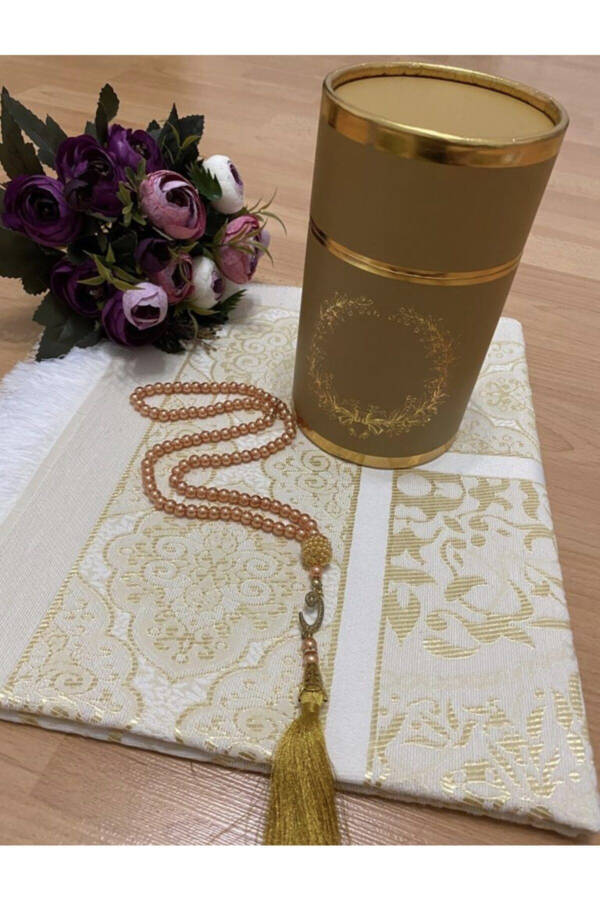 Dowry Gift Boxed Gold Prayer Rug Set Luxury Taft Prayer Rug, Pearl Tasbih - 1