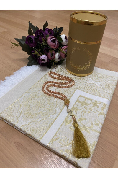 Dowry Gift Boxed Gold Prayer Rug Set Luxury Taft Prayer Rug, Pearl Tasbih - 2