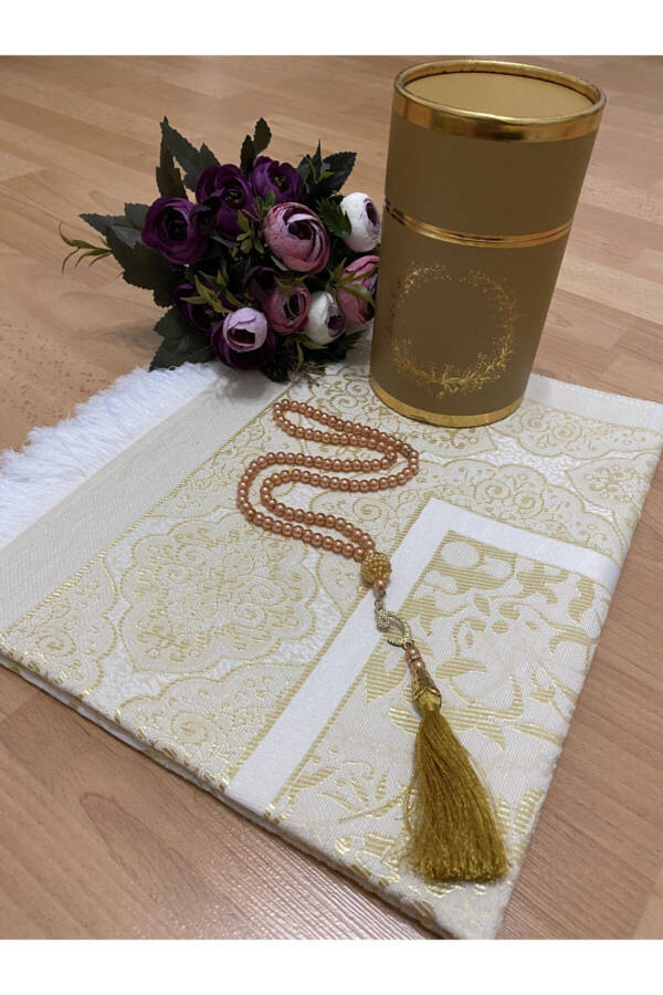 Dowry Gift Boxed Gold Prayer Rug Set Luxury Taft Prayer Rug, Pearl Tasbih - 2