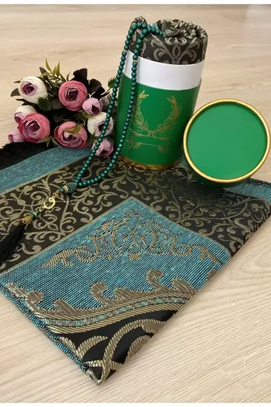 Dowry Gift Boxed Green Prayer Rug Set Luxury Taffeta Prayer Rug-GREEN - 1