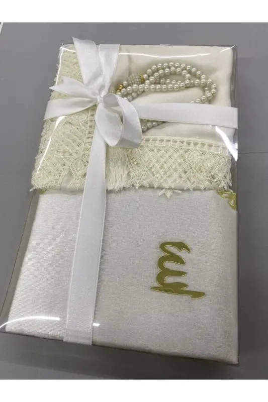 Dowry, gift, bridal set, needle embroidered prayer rug, Quran, rosary - 3