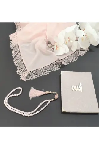 Dowry, gift, bridal set, needle embroidered prayer rug, Quran, rosary - 4