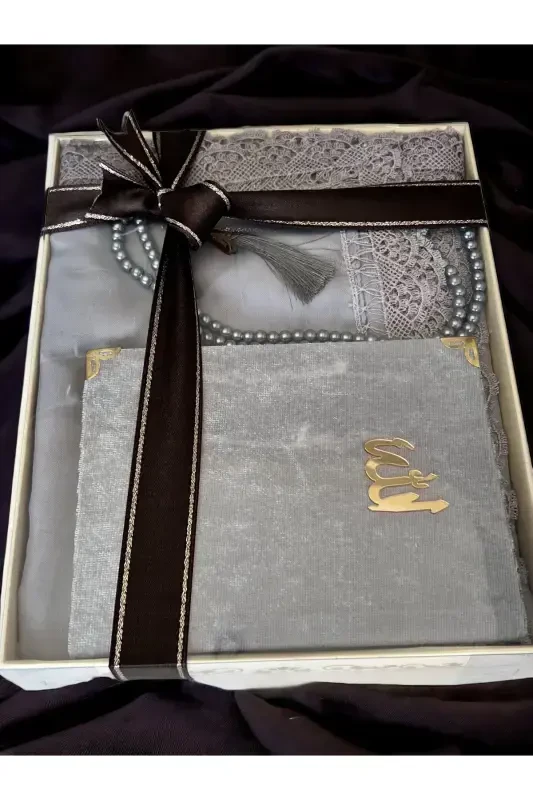 Dowry, Gift, Bride Bundle Set, Needle Lace Prayer Cover, Yasin, Rosary-GRAY2 - 2