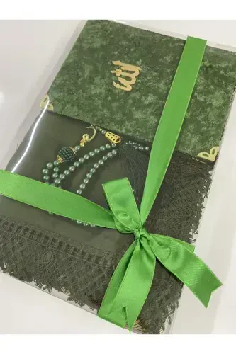 Dowry, Gift, Bride Bundle Set, Needle Lace Prayer Cover, Yasin, Rosary-GREEN - 1