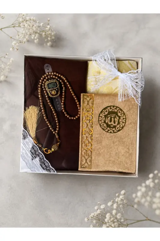 Dowry, Gift, Bride Bundle Set, Yasin, Rosary, Dhikr Counter, prayer rug Set, Prayer Rug-brown - 3