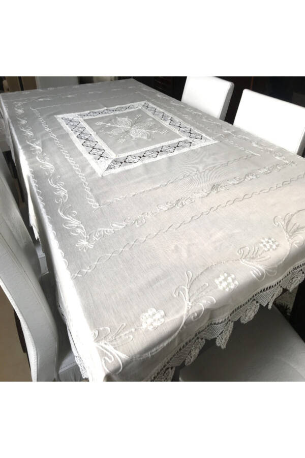 Dowry Silk Woven Needle Lace Tablecloth 140 Cm X 180 Cm 100% Silk Cream - 1