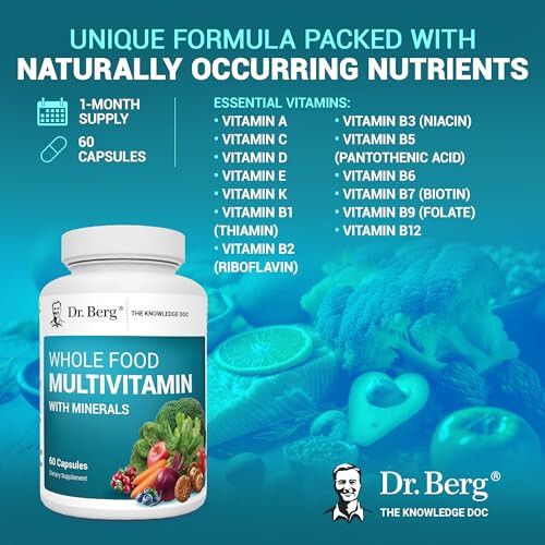 Dr. Berg Whole Food Multivitamin with Minerals - Daily Multivitamin for Men and Women - Includes Premium Whole Food Fruits and Vegetable Blend with Folate, Alpha-lipoic Acid and More - 60 Capsules - 11