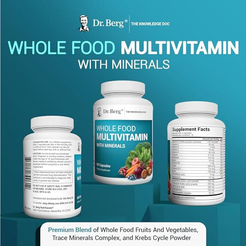 Dr. Berg Whole Food Multivitamin with Minerals - Daily Multivitamin for Men and Women - Includes Premium Whole Food Fruits and Vegetable Blend with Folate, Alpha-lipoic Acid and More - 60 Capsules - 12