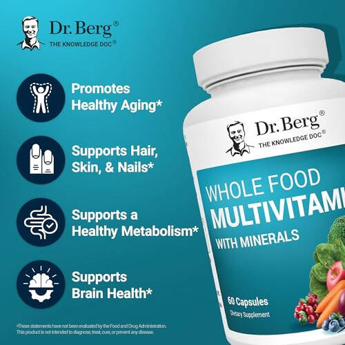 Dr. Berg Whole Food Multivitamin with Minerals - Daily Multivitamin for Men and Women - Includes Premium Whole Food Fruits and Vegetable Blend with Folate, Alpha-lipoic Acid and More - 60 Capsules - 3